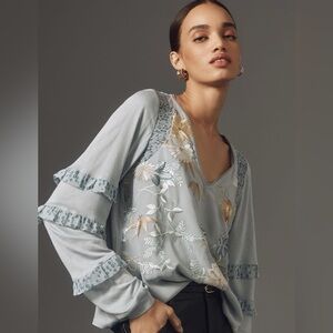 Anthropologie x Tiny Ruffle Top Embroidered Flowers size small blue flowy